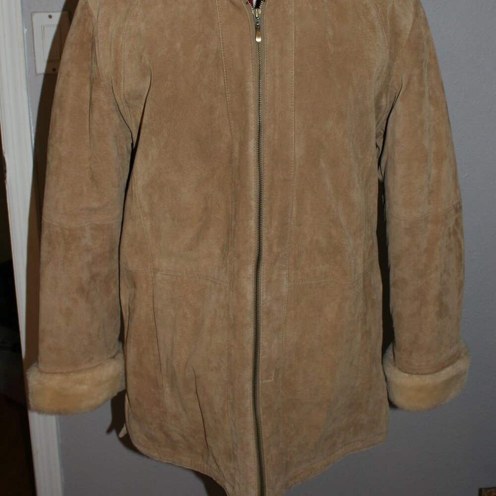St. Johns Bay Tan Suede Leather Coat - Faux Fur/Sherling Lining w/Hood Petite S